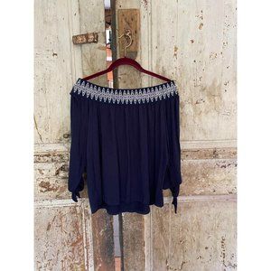 Pebble and Stone Medium Top Women’s Blue Embroidered Elastic Off Shoulder